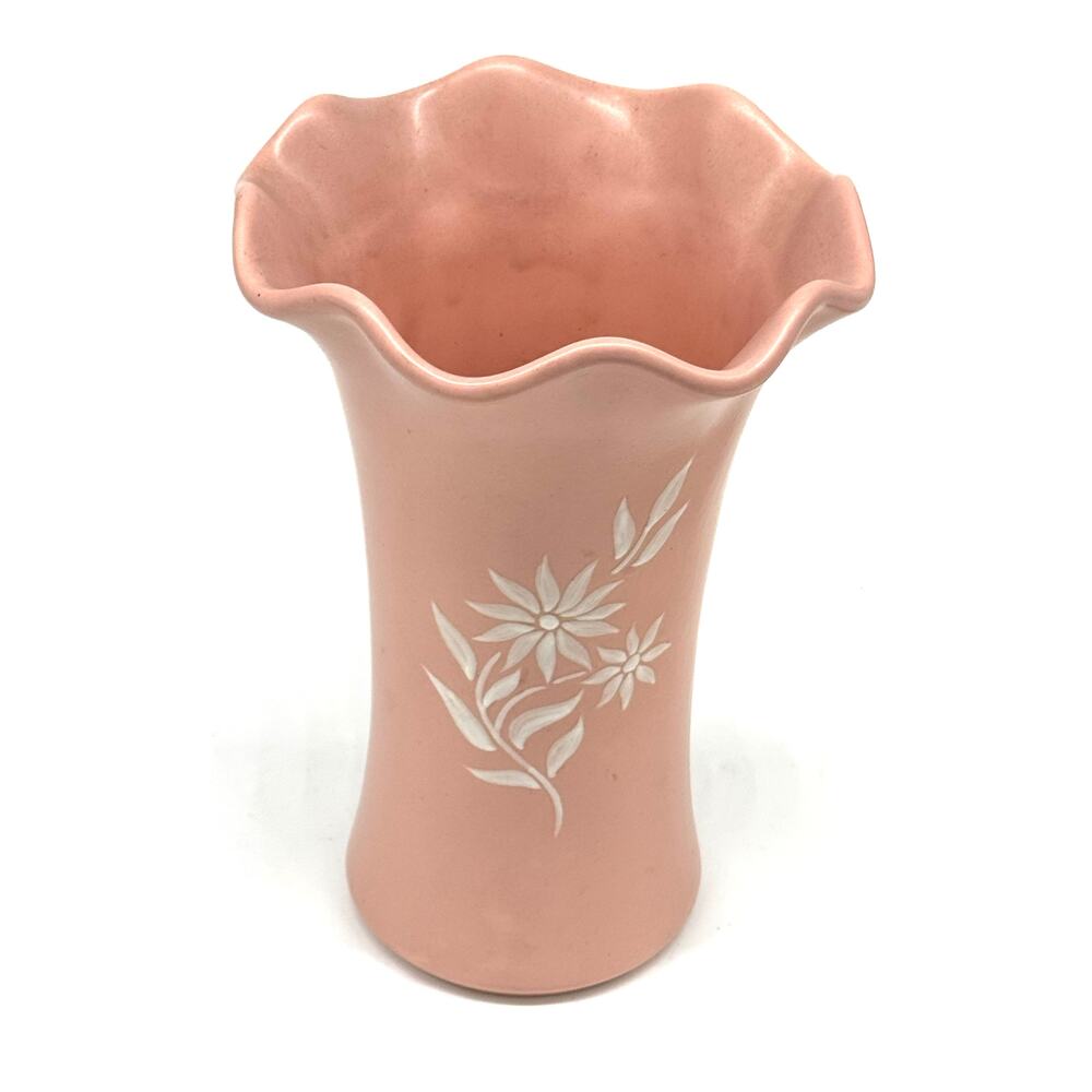 Vase - Vintage Abingdon Starflower #566 White on Pink Pottery Ruffle Rim 9"Hx6"W